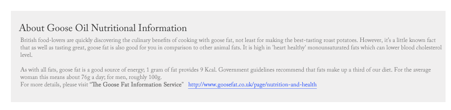 About Goose Oil Nutritional Information